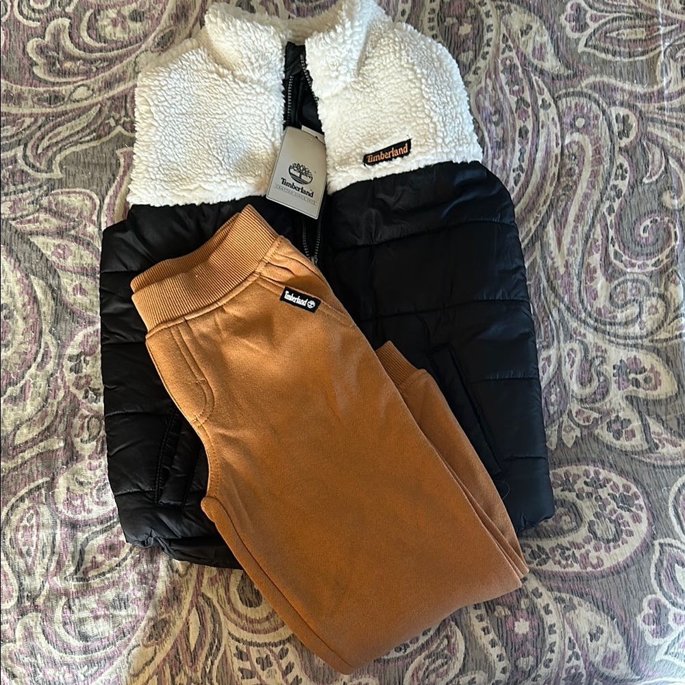 Timberland Kids Matching Puffer Vest Set- Black and Brown